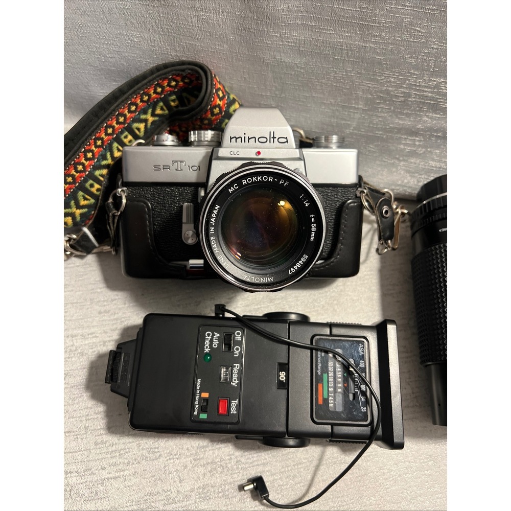 Minolta SRT 101 35mm Film Camera MC Rokkor-PF 58mm f1.4 Lens Flash Bundle